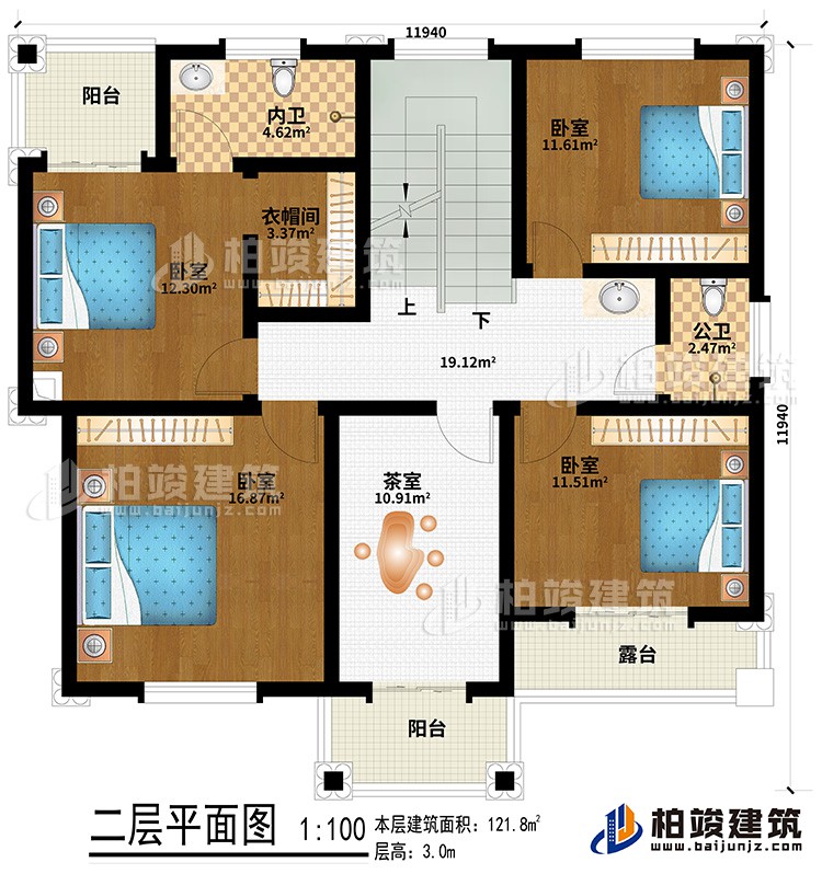 二层：4卧室、衣帽间、茶室、公卫、内卫、2阳台、露台