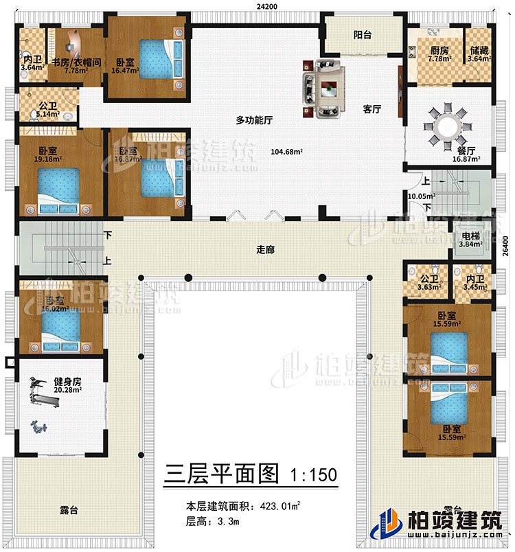 三层：健身房、6卧室、书房/衣帽间、2内卫、2公卫、多功能厅、客厅、阳台、餐厅、厨房、储藏、电梯、2露台