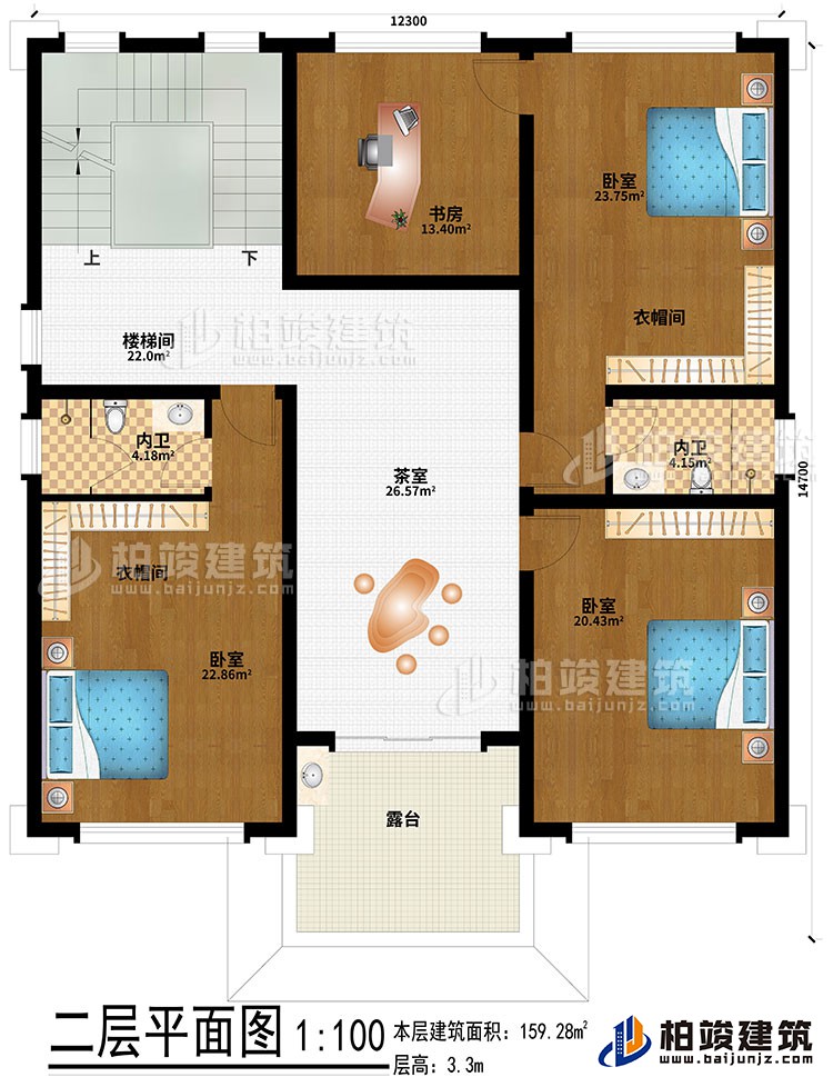 二层：3卧室、2衣帽间、2内卫、楼梯间、茶室、露台、书房