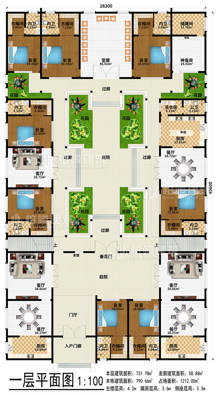 一层：入户门廊、门厅、3餐厅、3厨房、3客厅、堂屋、神龛、神龛房、储物间、6花园、4过廊、2庭院、影壁、垂花门、中岛、洗衣房、公卫、8卧室、8衣帽间、8内卫