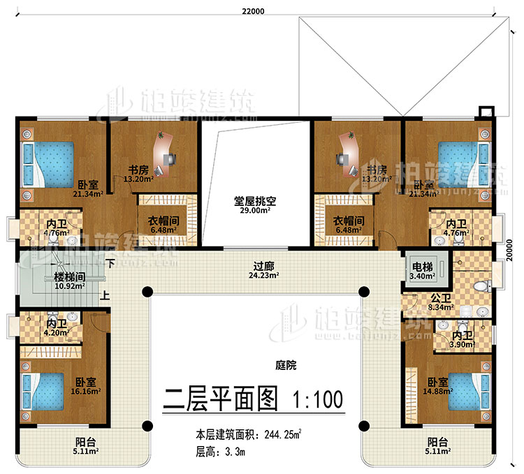 二层：堂屋挑空、过廊、楼梯间、电梯、4卧室、2衣帽间、2书房、4内卫、公卫、2阳台