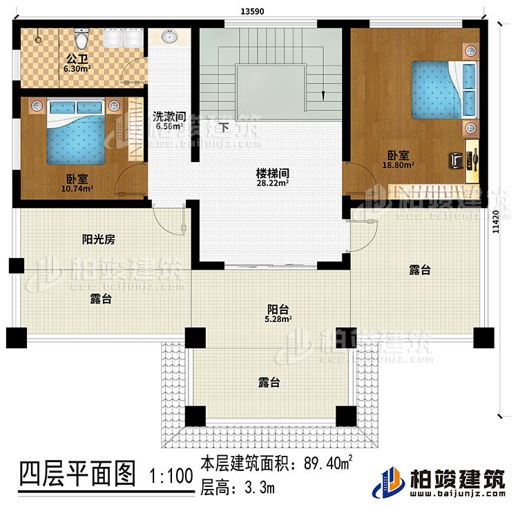 四层：楼梯间、洗漱间、2卧室、阳光房、公卫、阳台、3露台