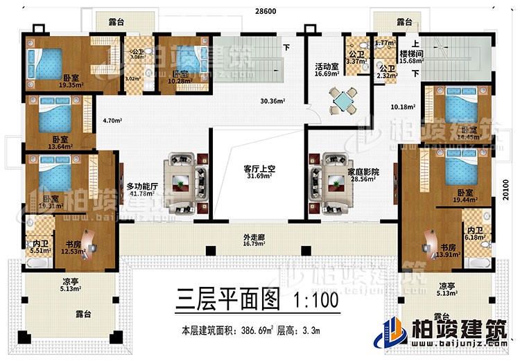 三层：多功能厅、客厅上空、家庭影院、6卧室、2书房、活动室、3公卫、2内卫、4露台、2凉亭、外走廊、楼梯间