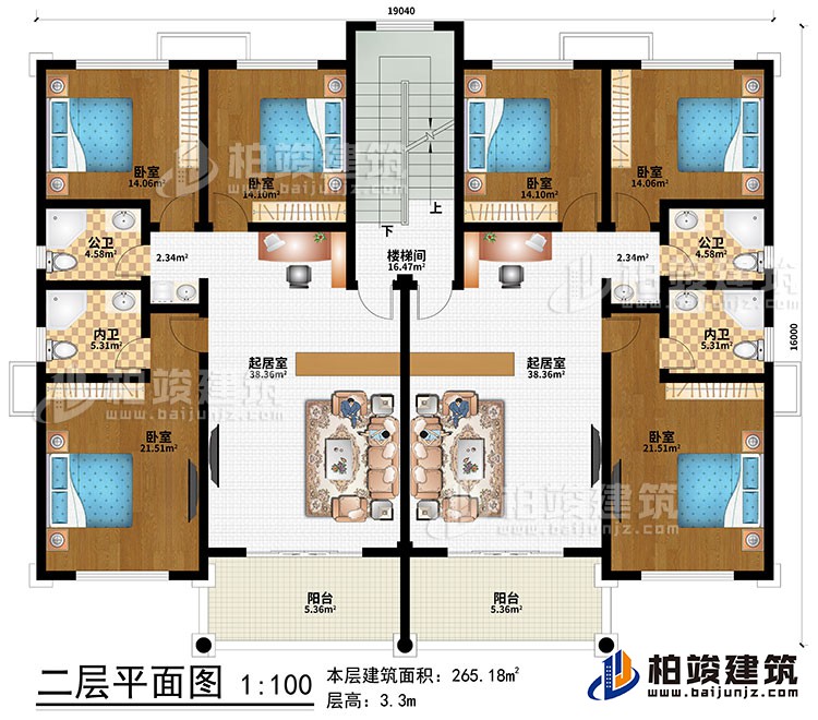 二层：2起居室、楼梯间、6卧室、2公卫、2内卫、2阳台