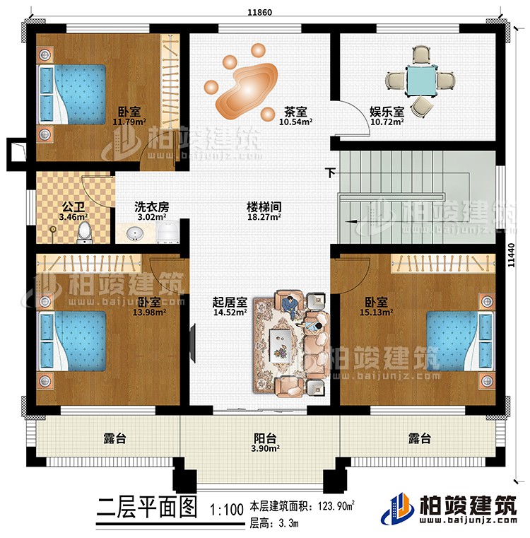 二层：楼梯间、起居室、茶室、3卧室、娱乐室、洗衣房、公卫、阳台、2露台