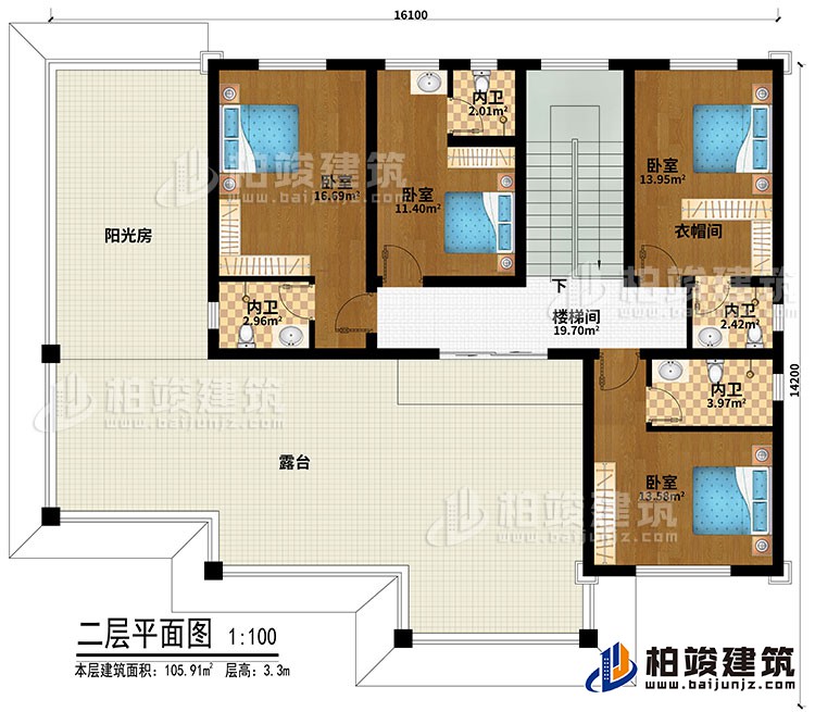 二层：4卧室、衣帽间、楼梯间、4内卫、阳光房、露台